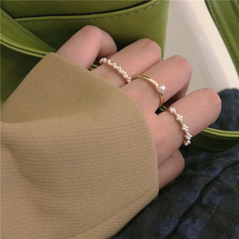Pearl Ring 3 PCs Three-Piece Set Ring Ins Temperament South Korea Sweet Food Finger Ring All-Matching Simple Bracelet Female Fashion