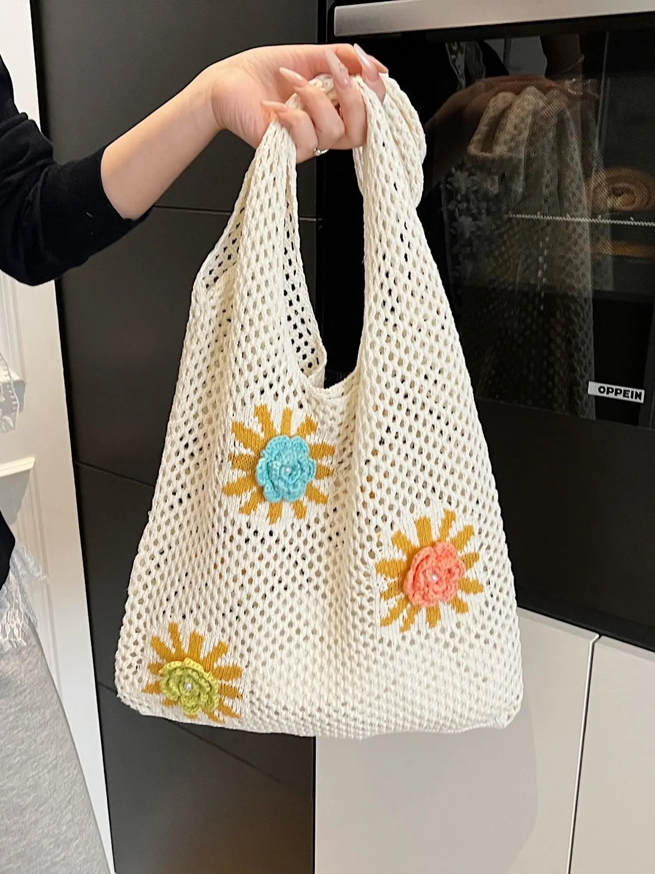 Women's Colorblock Flower Design Crochet Tote Bag, Casual Large Capacity Shoulder Bag for Daily Used, Trendy High-quality Daily Commuting Bag, Girl Fashionable Shopping Bag