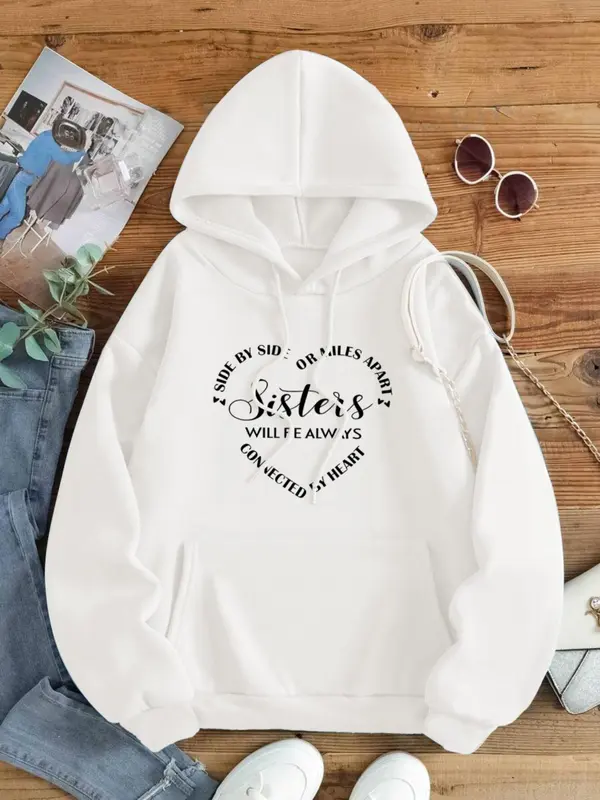 Women's Letter Print Drawstring Pocket Hoodie, Fashion Casual Hooded Sweatshirt for Daily Holiday Outdoor Wear, Women Clothing for Fall & Winter 3