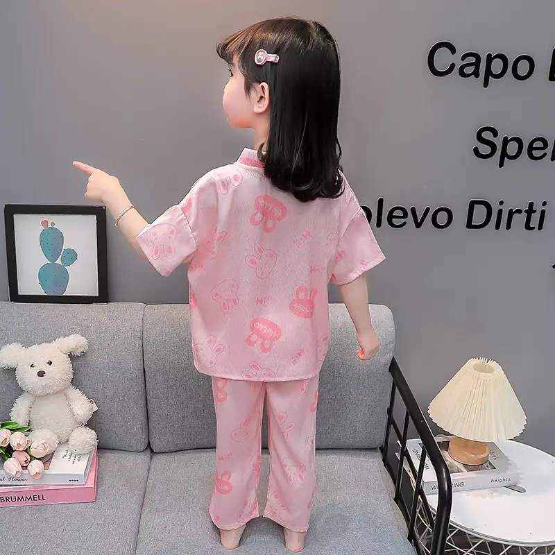 ME BING - [10-25kg] Bộ đồ ngủ lụa sao băng mịn cho bé gái, tay ngắn với những hoạ tiếc xiu đáng yêu, chất mềm mịn mát thích hợp cho mùa hè, bé mặt nhà đi dạo phố. 4