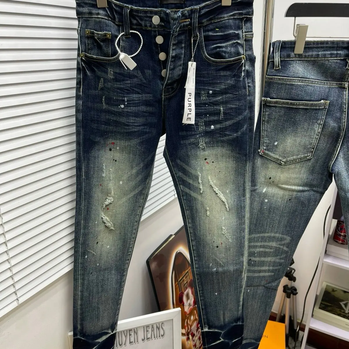 Quần Jean Bò Purple Xanh Rêu Bụi Vẩy Sơn 4 Cúc Quần Bò Purple chấm sơn thêu chữ thời trang cao cấp hot trend