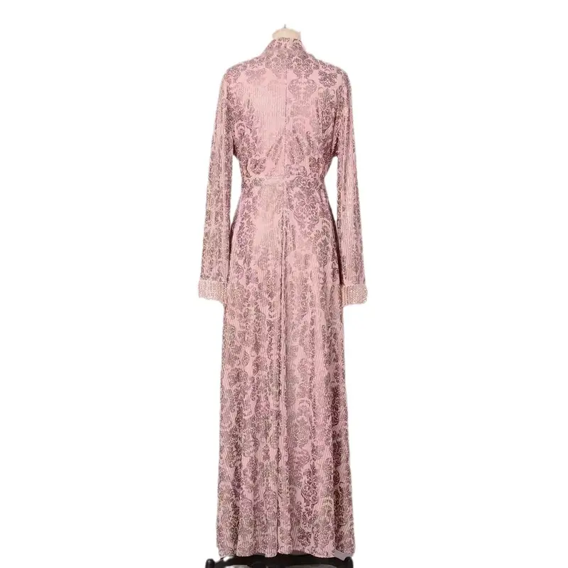 2025 Women's Middle Eastern Style Evening Dress Muslim Fashion New Fashion Gold Stamped Floral Decoration Long Sleeve Dress for Women 4