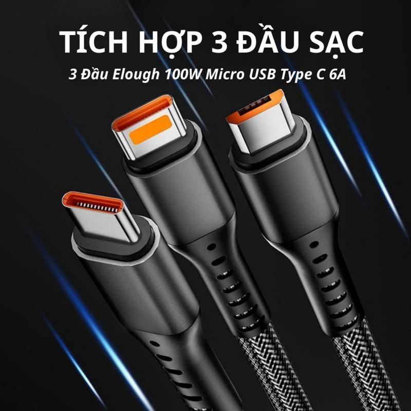 Cáp Sạc Nhanh 3 Đầu 100W - Dài 1.2m - Dây Sạc 3 Trong 1 Chống Đứt, Chống Rối. Cáp sạc điện thoại, Dây sạc 3in1 Phụ Kiện 5
