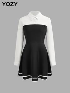YOZY Women's Colorblock Contrast Trim Button A Line Dress, Elegant Long Sleeve Collared Dress for Daily Outdoor Wear, Ladies Clothes for All Seasons
