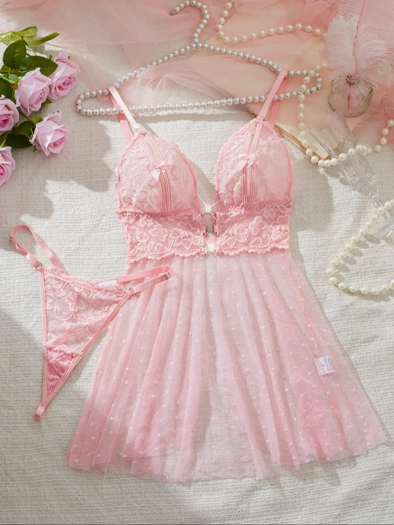 Women's Bow Decor Sheer Lace Sexy Lingerie Two-piece Set, Solid Color Cami Nightdress & Thong Set, Soft Comfy Breathable Lingerie Set for Women