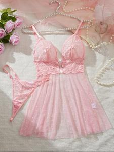 Women's Bow Decor Sheer Lace Sexy Lingerie Two-piece Set, Solid Color Cami Nightdress & Thong Set, Soft Comfy Breathable Lingerie Set for Women