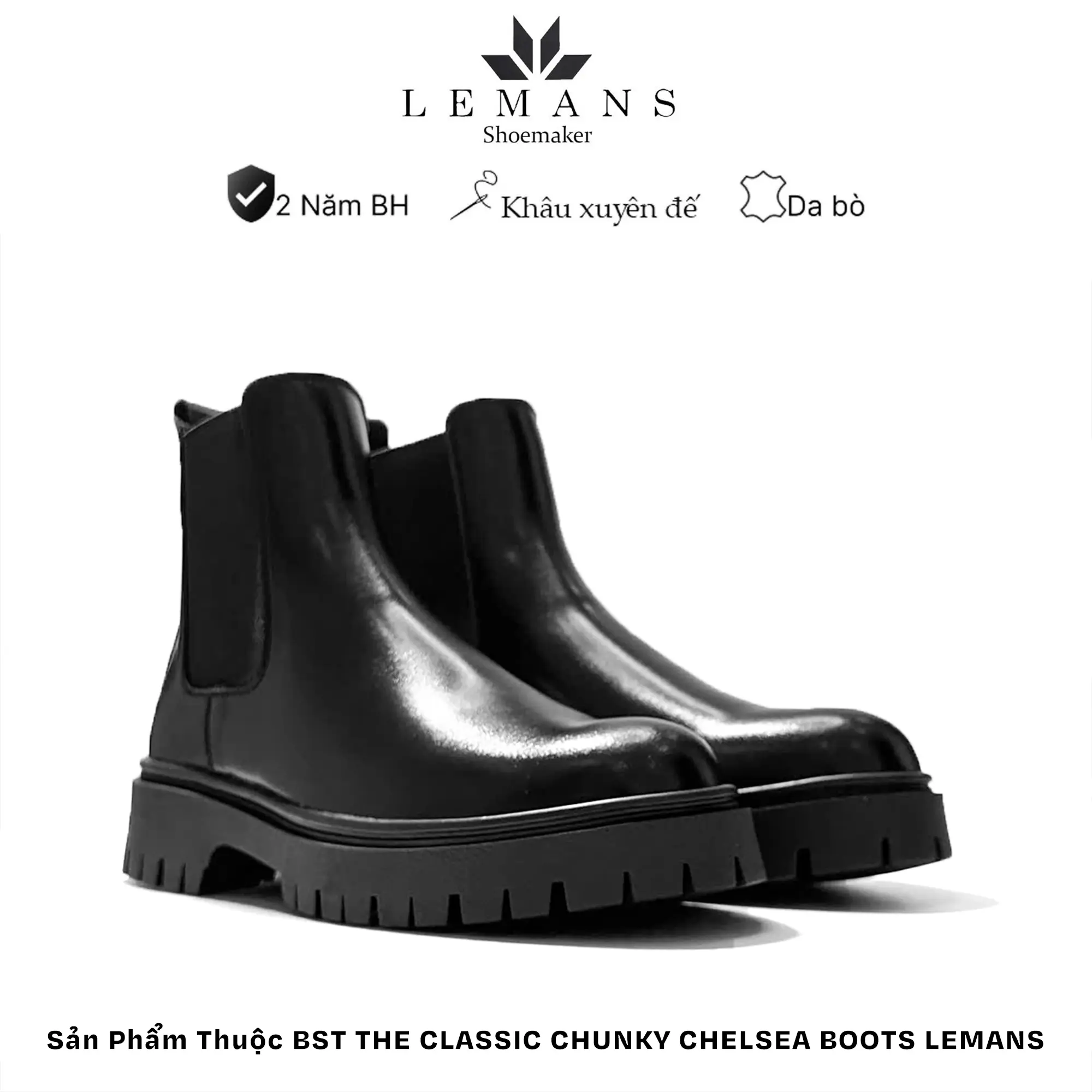Giày nam THE CLASSIC CHUNKY CHELSEA BOOTS LEMANS đế Chunky 5cm, bảo hành chính hãng 24 tháng Cao Su