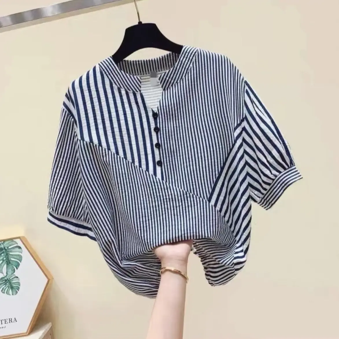 A18 Áo sơmi Nữ ngắn tay Cổ tàu kẻ sọc có dây eo mềm min thoáng mát Top Sọc Kẻ