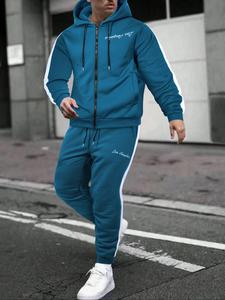 Two-piece Set Men's Letter Print Zip Up Thermal Lined Hoodie & Drawstring Waist Sweatpants Set, Regular Fit Casual Long Sleeve Hooded Sweatshirt & Jogger Pants for Daily Wear, Men's Two-piece Outfits for All Seasons, Men's Paris Tracksuit, Athletic