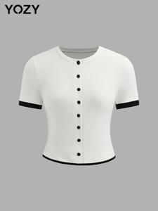 YOZY Women's Contrast Binding Button Round Neck Tee, Casual Fashion Short Sleeve T-shirt for Summer, Ladies Clothes for Daily Wear