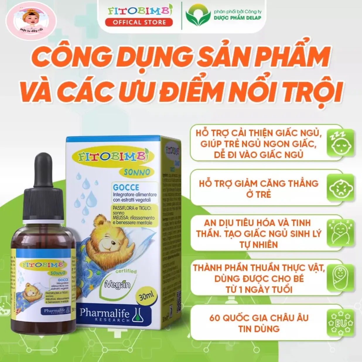 Siro Giúp Bé Ngủ Ngon FITOBIMBI SONNO Bổ Sung Vitamin, Hỗ Trợ Giảm Căng Thẳng Ở Trẻ Chai 30ml Cho Bé Men Vi Sinh