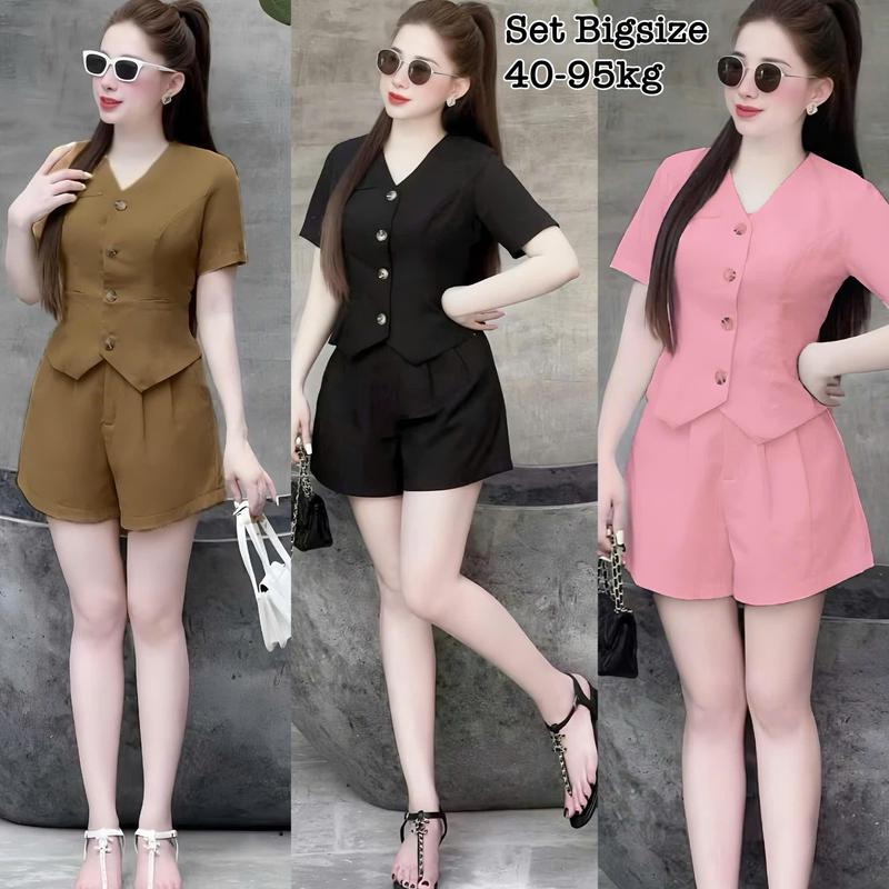 Thời Trang Bigsize - Set Bộ Áo Gile Nữ Tay Ngắn Bigsize Cổ V Kèm Quần Đùi Bo Chun Lụa Chéo Thái Thiết Kế Xinh 50-95kg2446