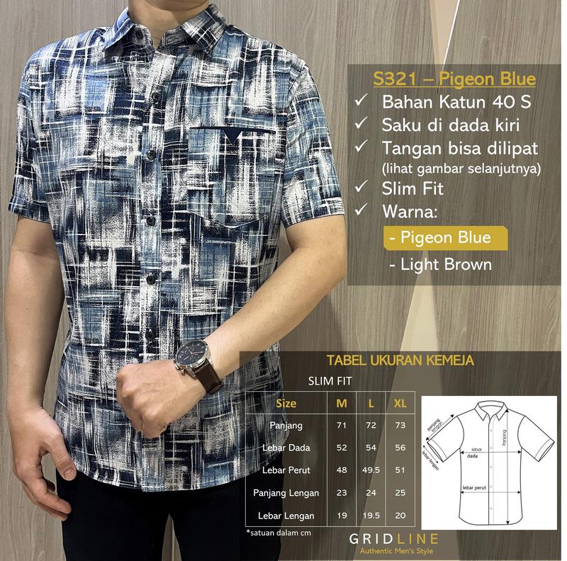 Product Introduction of [GRIDLINE - S321 Light Brown & Pigeon Blue - S271 Navy] Kemeja Pria Slimfit Katun Lengan Pendek Print Bagus Berkualitas Premium Modern 0