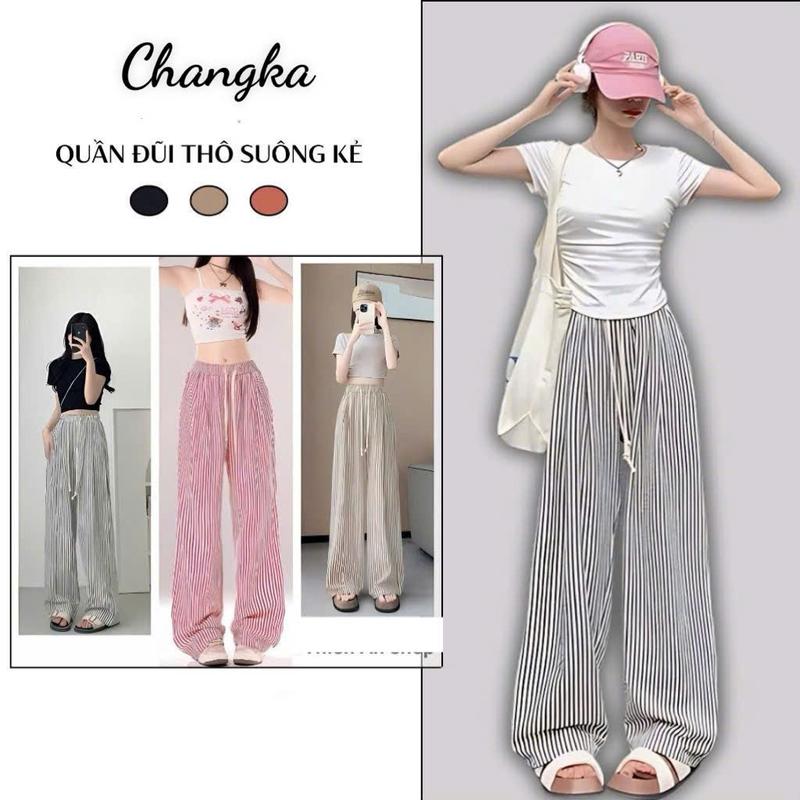  Quần kẻ ống rộng dáng suông nữ cạp chun lưng cao hoạ tiết kẻ sọc lạ mắt chất Đũi thô nhăn Quần ống rộng lưng cao có túi Đi học làm thể thao 