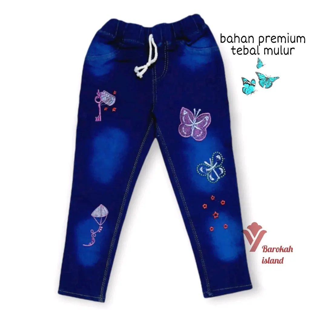 Celana Jeans Anak Perempuan Slim-Fitting Low Waist Bunga Hitam Putih Bordir Fashion, Ukuran 1-10 Tahun