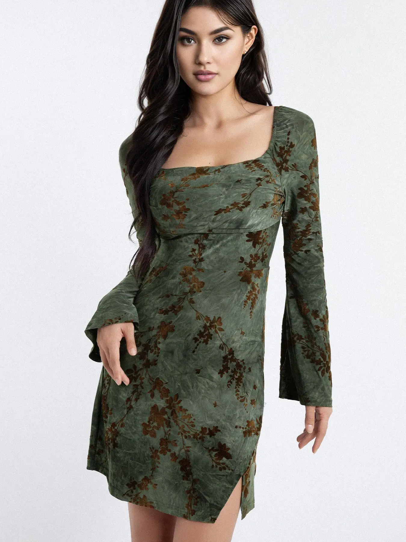 Women's Floral Pattern Square Neck Dress, Elegant Fashion Casual Long Sleeve Dress for Daily Outdoor Wear, Women Dress for Spring Fall