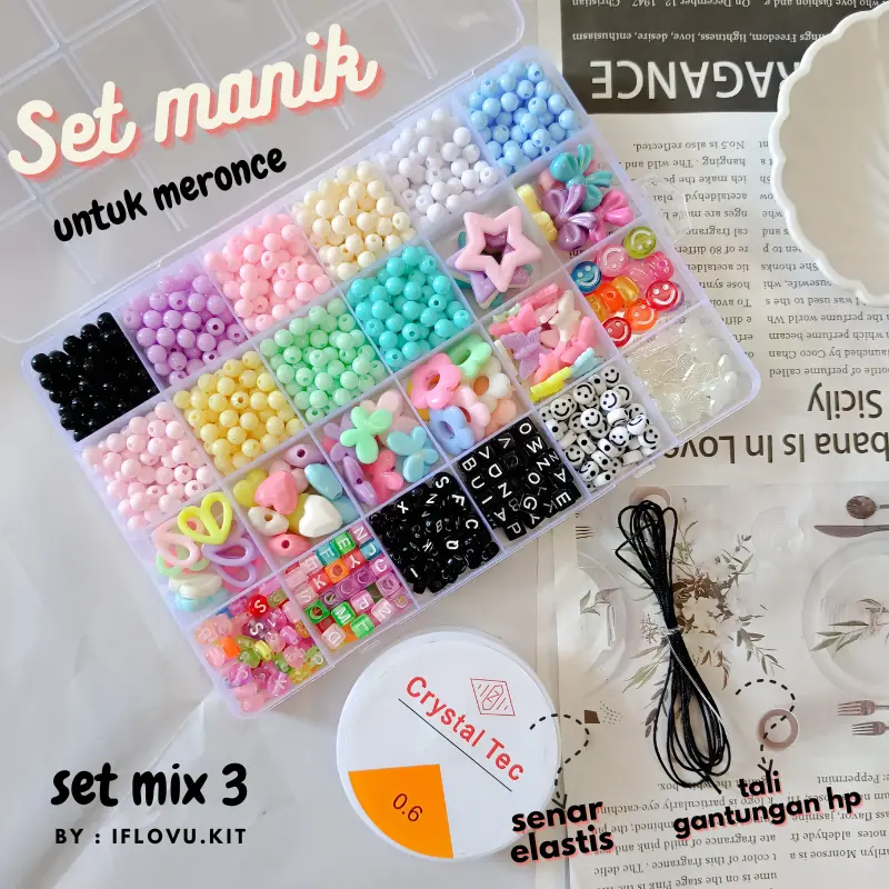 Set Manik Manik DIY + Senar Lengkap Aesthetic Gelang Cincin Kalung | Meronce manik anak mainan edukasi | manik Manik box setset mix 3 Gift Kado Plastik