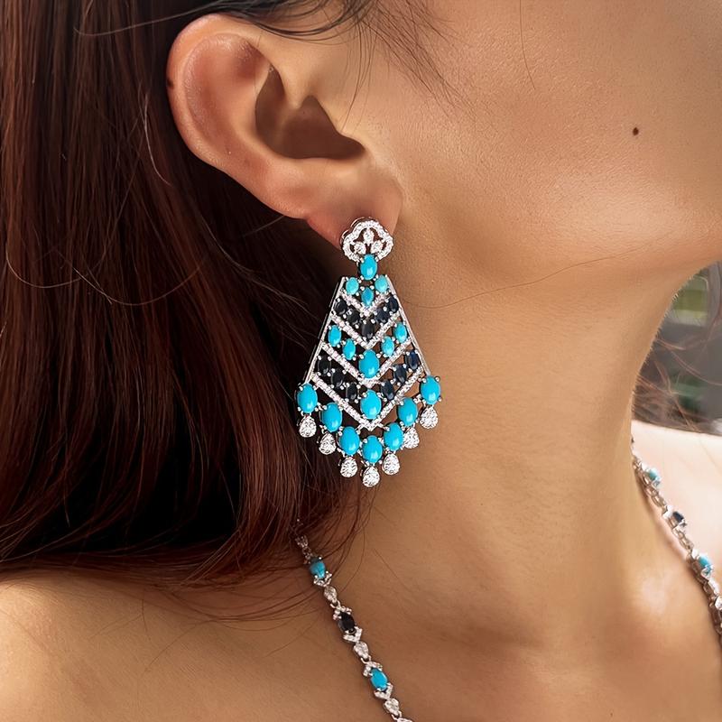 Middle Eastern Luxurious Synthetic Turquoise and Synthetic Zircon Long Tassel Earrings for Women Ethnic Bohemian Bride Wedding Party Jewelry 6