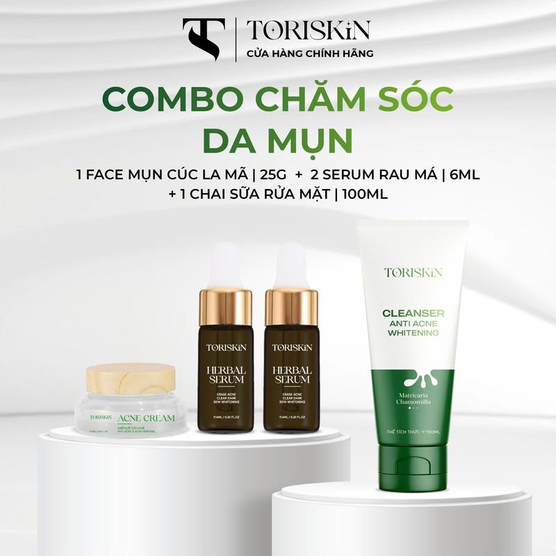 Combo [1 Kem + 2 Chai Serum + 1 Sữa Rữa Mặt] - Hỗ Trợ Chăm Sóc Da Mụn - ACNE CREAM Cúc La Mã 25Gr & HERBAL SERUM Tinh Chất Rau Má 6ml & Sữa Rửa Mặt 100ml - Skincare Làm Đẹp Da