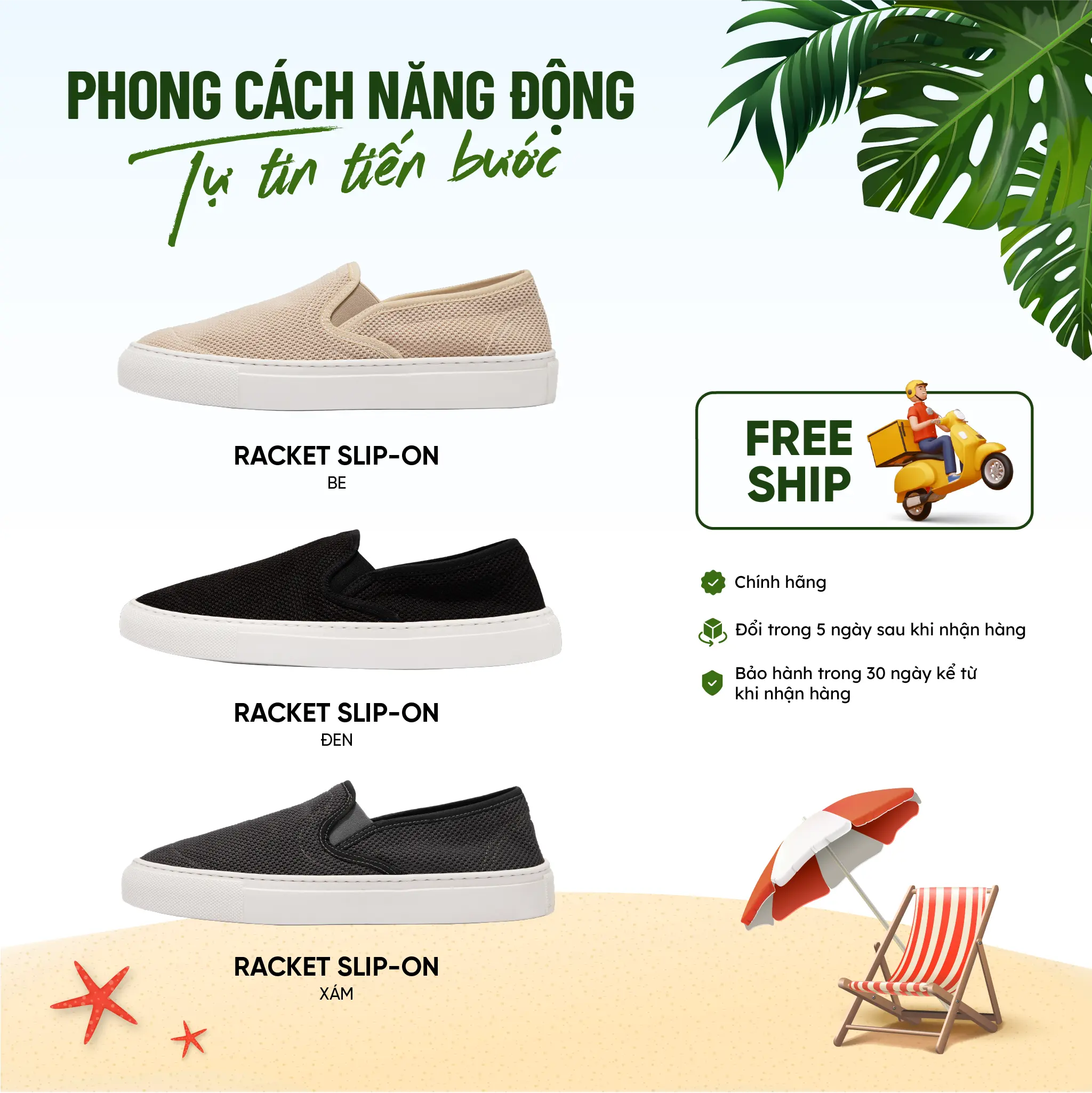 Giày lười nam Bentoni Racket Slip-On đế cao su phối vải 2 màu Xám và Be, với đế cao su non êm ái