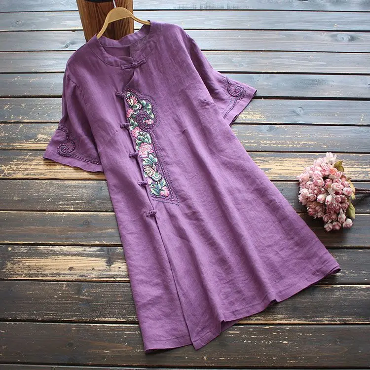 ZAVA-Váy Cotton Và Vải Lanh Thêu Cho Nữ, Phong Cách Dân Tộc Mới, Khóa Đĩa, Tay Áo Ba Phần Tư, Sườn Xám Trung Quốc, Mùa Hè Dress Women