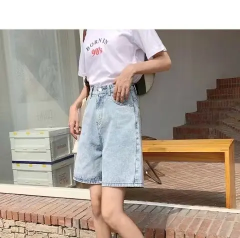Celana Kaki Lebar Longgar Baru Musim Panas Celana Pendek Denim Pinggang Tinggi Celana Lurus Baru Pelajar Slim-Fit Wanita/Q043 6
