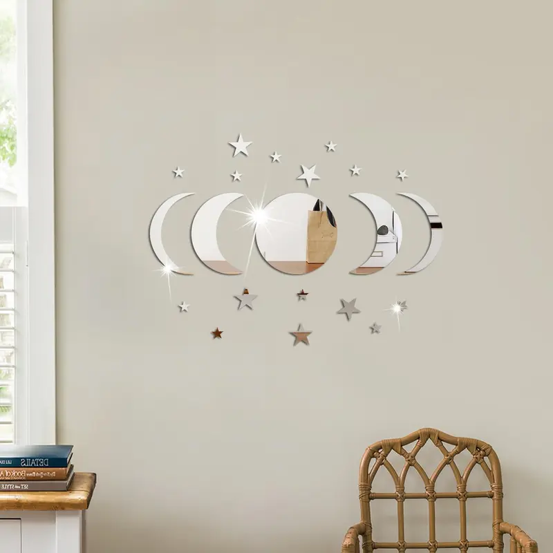 Star & Moon Pattern Mirror Decorative Wall Tiles Sticker, 1 Set Self Adhesive Wall Decor, Decor Sticker for Home Bedroom Living Room 0