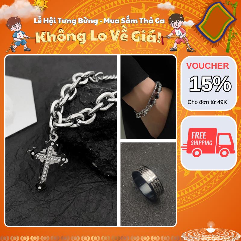[Mua Là Thích, Không Thích Hoàn Tiền] Combo 3 sản phẩm vòng cổ hình chữ thập đính đá, vòng tay ngọc trai họa tiết và nhẫn tròn trơn khắc chữ Kuu Clothes màu đen titan không gỉ dễ phối đồ - Combo Vòng Cổ Chữ Thập Đá + Vòng Tay Element + Nhẫn Cross