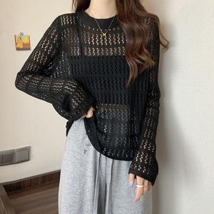 Hollow Knit Sweater for Women Spring Summer Pullover French Korean Style Loose Sun Protection Blouse Long Sleeve Unique Top