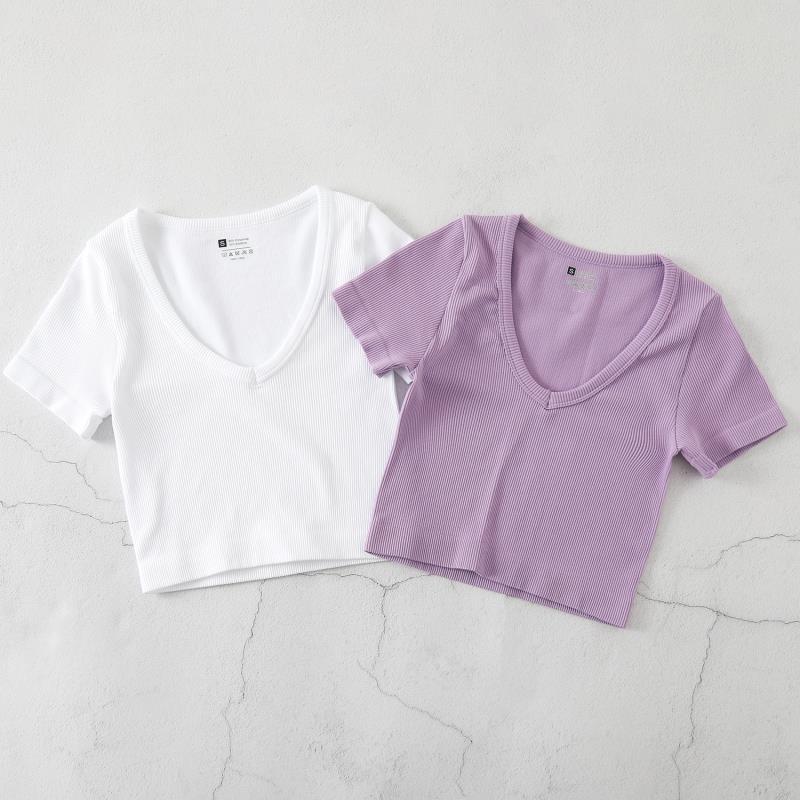 Product Introduction of European and American Yoga Wear Sexy Stretch Yoga Seamless Sports Top Short Sleeve V-Neck Slim Fit Solid Color Ribbed T-Shirt 4