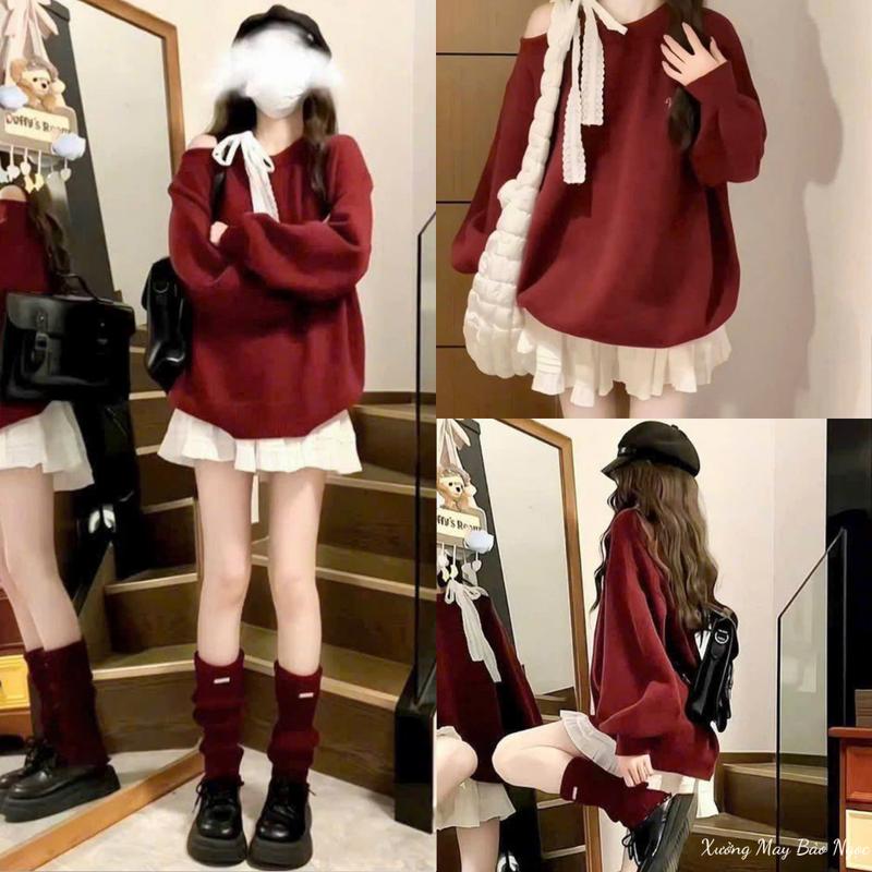  Set Đồ Nữ Áo Len Đỏ Trễ Vai Đính Nơ Mix Chân Váy Tầng Phong Cách Nhẹ Nhàng Tiểu Thử Xinh Mê 