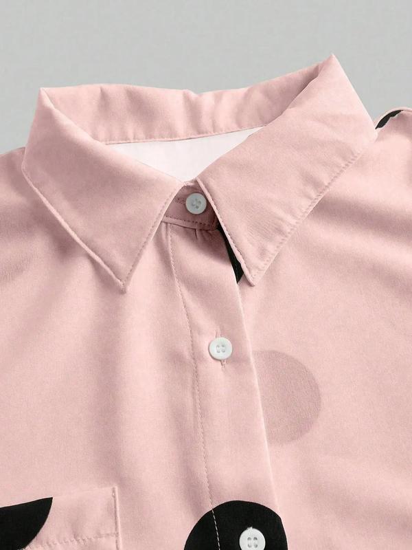 Women's Polka Dot Print Curved Hem Shirt, Casual Button Front Long Sleeve Top for Summer, Fashion Women's Top for Daily Wear, Blouse 5