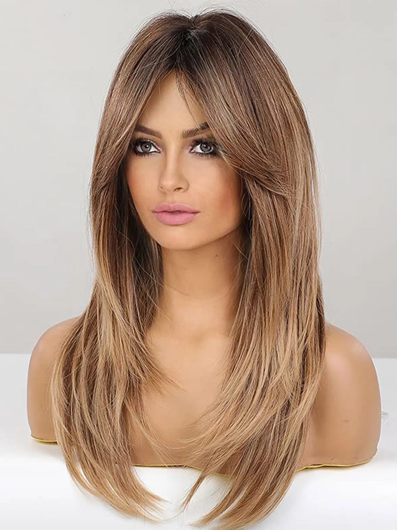 Highlight Straight Wigs for Women, Gorgeous Fluffy Wigs with Curtain Bangs, Synthetic Full Machine Wigs for Party, Daily Use