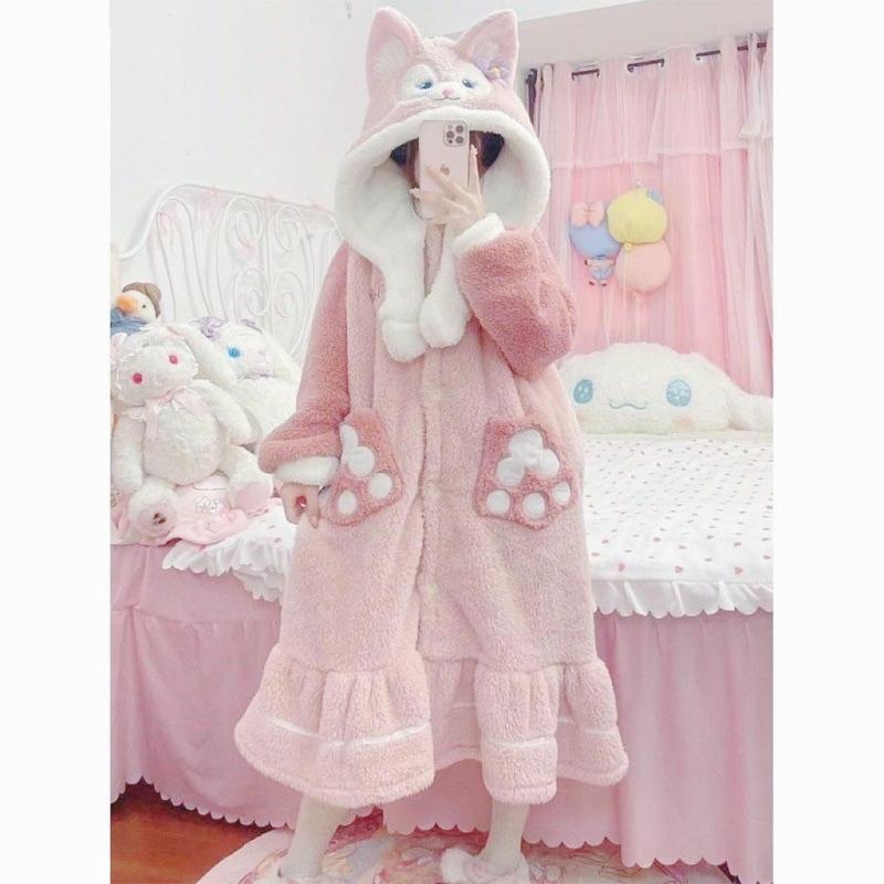 QC 40-70kg Áo choàng Váy ngủ lông dài tay LINABELL CÁO HỒNG mềm mại ấm áp Nữ Women Dress Đầm Ngủ Tay Loe đồ
