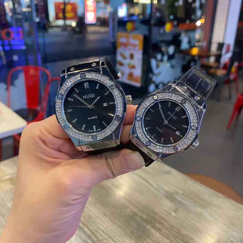 Hugi Đồng Hồ dây da Nam nữ luxury 603 basic dây da niềng đá cao cấp, sang trọng. Đồng hồ đeo tay thời trang, phụ kiện đẹp. Kiềng Watch 0