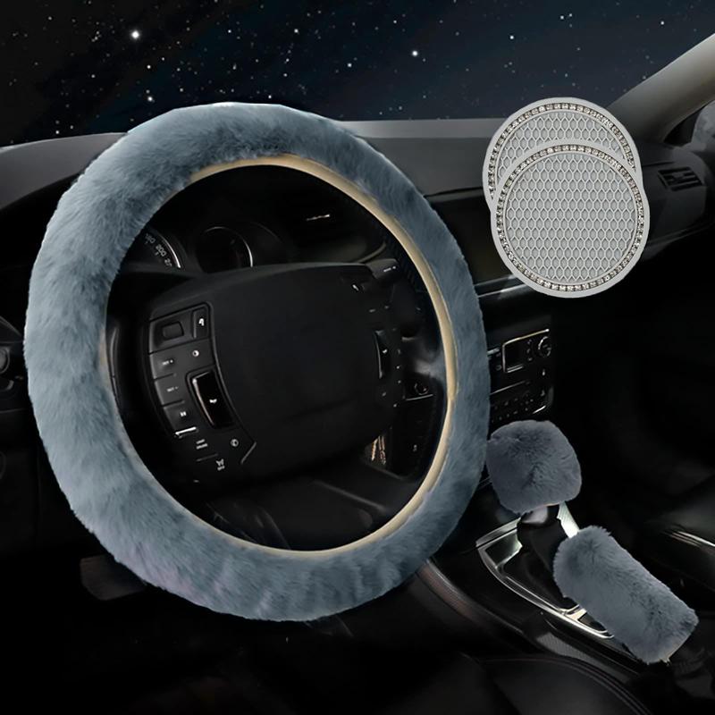 Car Steering Wheel Cover & Gear Shift Protector & Cup Holder Coaster, 5 Counts/set Plush Car Steering Wheel Protector, Universal Car Interior Accessories 1