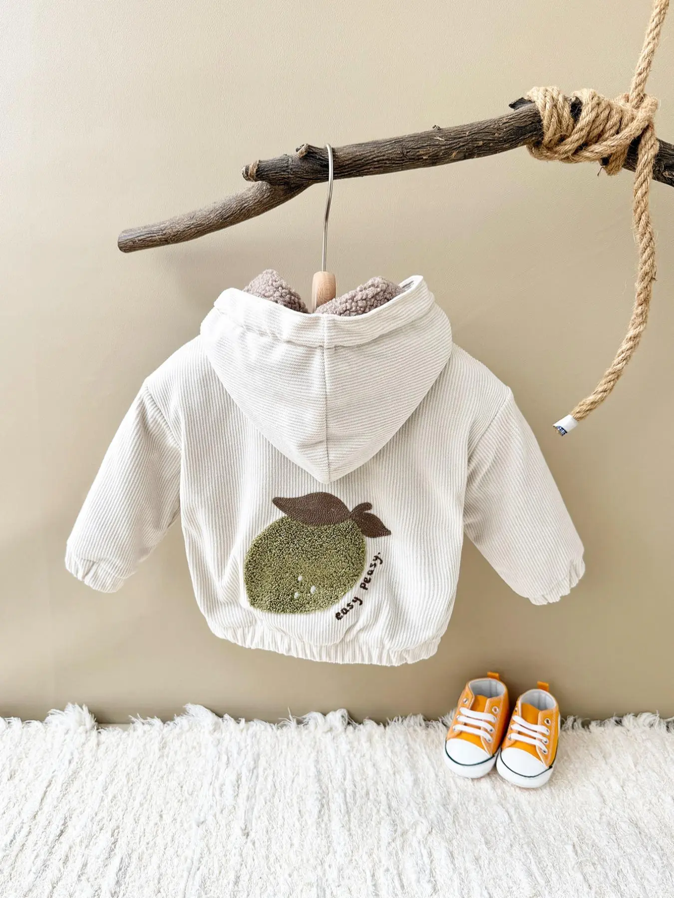Baby Fruit Patched Hooded Jacket, Casual Warm Thickened Outerwear for Winter, Newborn Infant Kids Clothes for Daily Wear