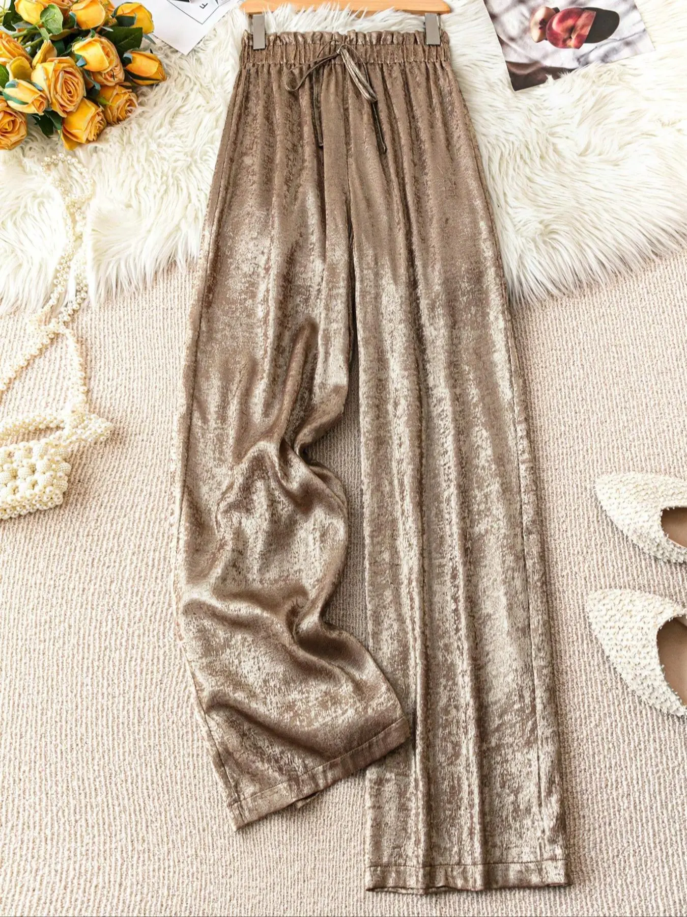 Women's Metallic Frill Trim Tie Front Pants, Casual Comfy Wide Leg Trousers for Spring & Fall, Women's Bottoms for Daily Wear