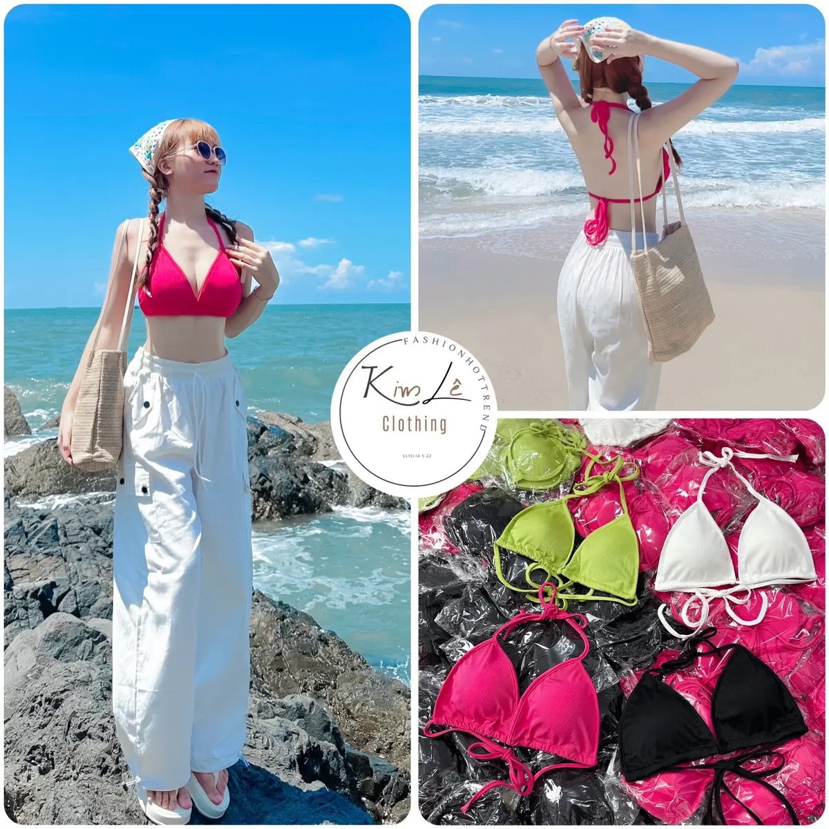 ( DƯỚI 53KG ) Áo Bra Bikini Cột Dây Phối Quần Ống Rộng Đi Biển Phong Cách Hiện Đại Trẻ Trung (có mút)  Nữ Women