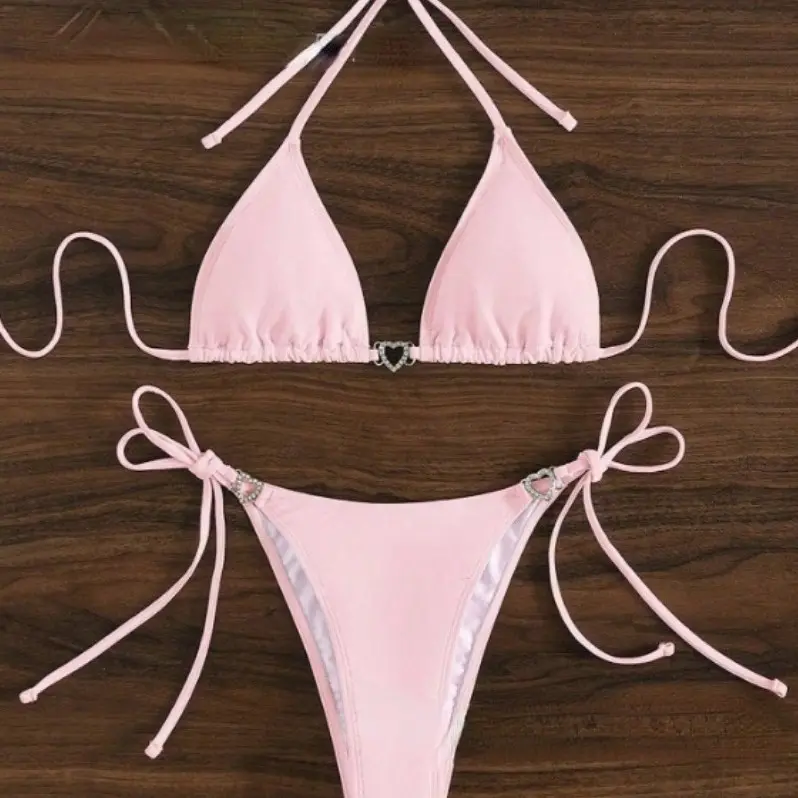 2024 popular European and American Amazon cross-border women solid color bikini rhinestone lace-up multi-color split swimsuit wholesale