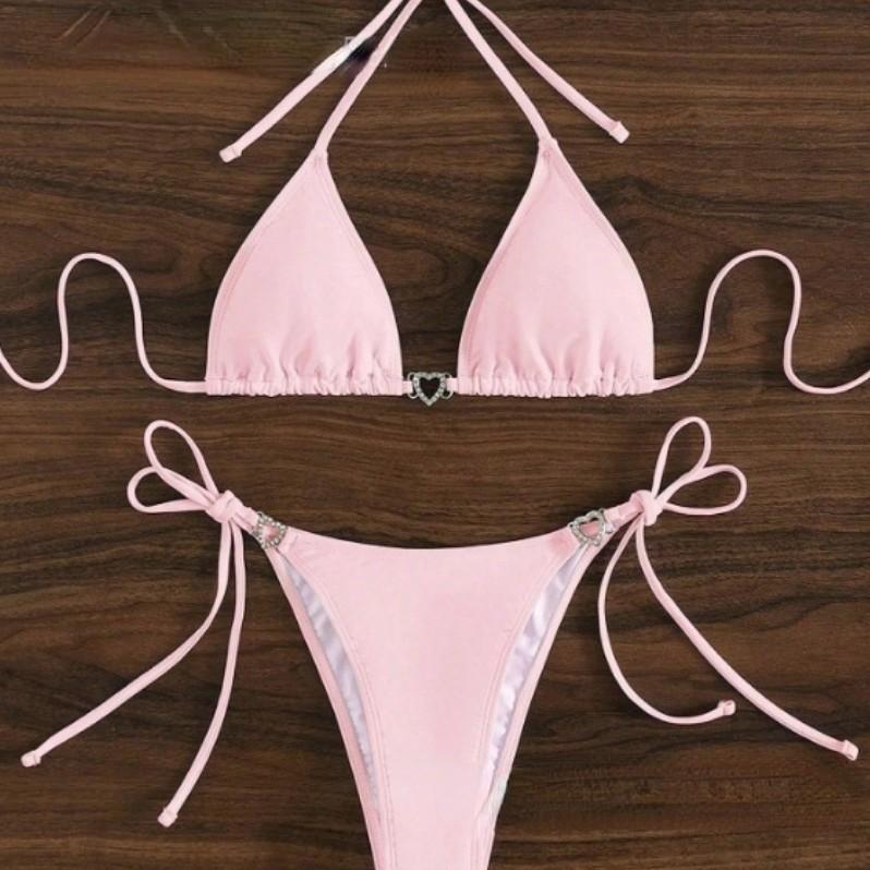 2024 popular European and American Amazon cross-border women solid color bikini rhinestone lace-up multi-color split swimsuit wholesale 0