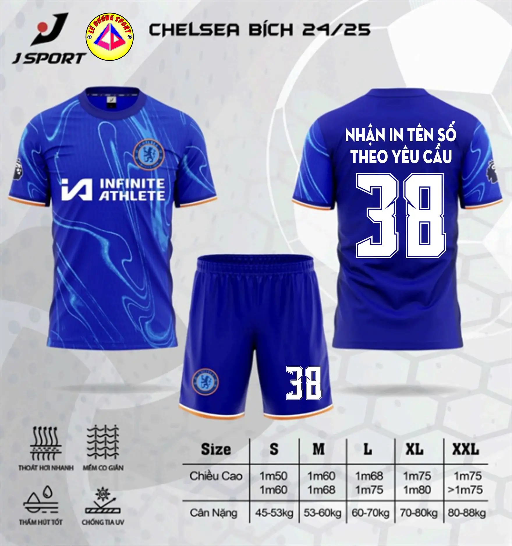 Áo đá bóng CLB Chelsea màu Xanh Bích 2425 hàng Justplay, Vải thun lạnh, logo áo quần thêu, có dây rút quần, vải thun lạnh thấm hút, co giãn thoải mái.