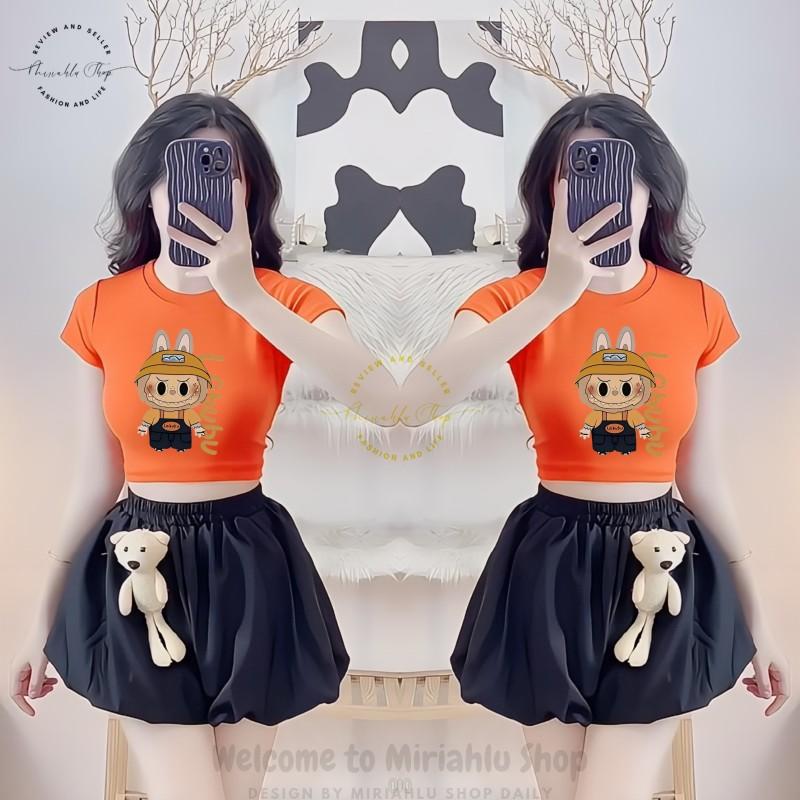 Product Introduction of Áo Thun Nữ Croptop Borip Basic Ôm Body In Hình Labubu Cam Nón, MLS237, Nữ Women Top Voi Dáng Ngắn Cổ Tròn Sọc Sò 35