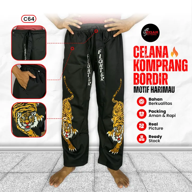 Celana komprang bordir macan kanan dan kiri saku resleting Karet Nyaman 0