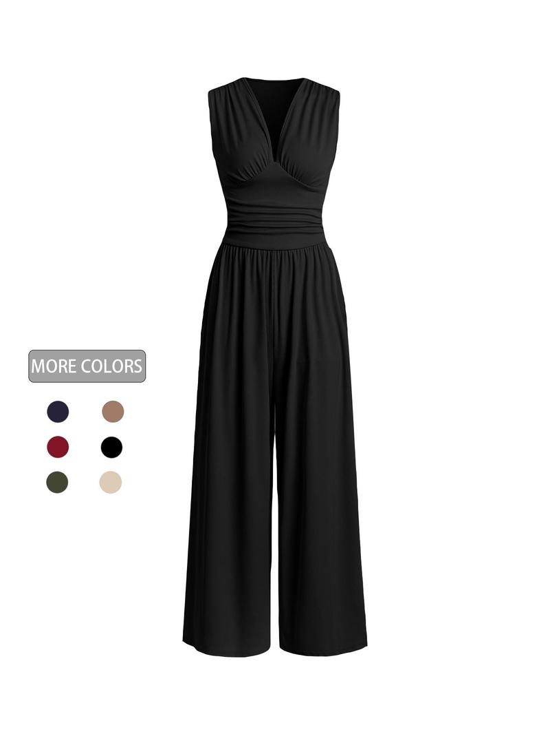 Product Introduction of Women's Plain Ruched Deep V Neck Ribbed Jumpsuit, Elegant Sleeveless Wide Leg Jumpsuit for Summer, Back to School Outfits, Ladies Clothes for Beach Holiday Vacation 6