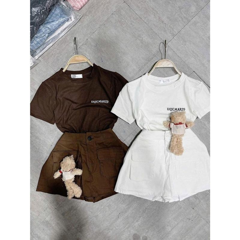 SET ÁO THUN TAY NGẮN PHỐI CHÂN VÁY TÚI HỘP DÁNG A KÈM GẤU ĐEN TRẮNG 6