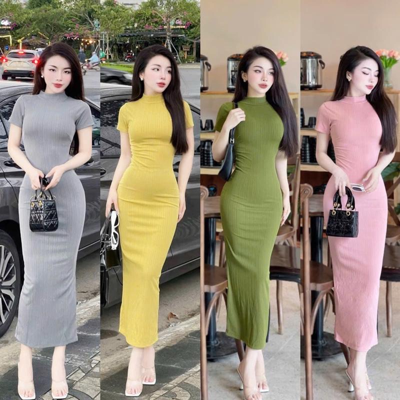 [ANZi House] Đầm Body Tay Ngắn Dáng Dài Tôn Dáng, Cổ 3p có xẻ tà và khoá kéo sau, vải thun gân Quảng Châu co giãn mát mẽ Nữ Dress Women - Đỏ