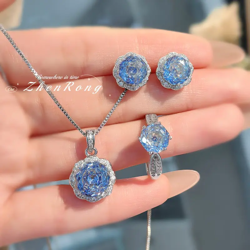 Mặt Dây Chuyền Vòng Cổ Roseparaiaban, Hình Bát Giác, Kim Cương Carbon Cao Và Tanzanite, Bông Tai Đinh tán, Vòng Hoa Hồng Nhẫn Hoa Tai 1