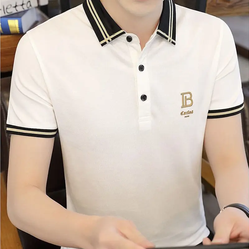 Áo thun nam đẹp có cổ tay ngắn thêu B - trắng mẫu đẹp 2024 Menswear Ngắn Tay Polo Cotton 4