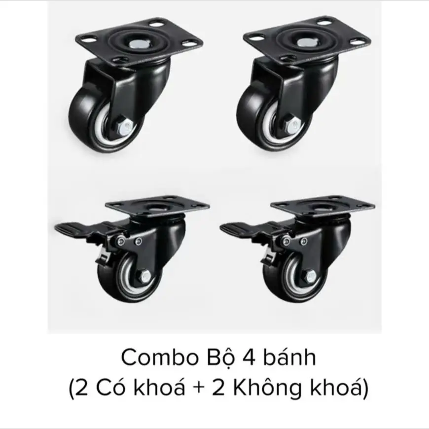 Combo 5cm(300kg) 2xoay+2khoá Bánh xe PVC viền đen trắng bánh xe đẩy hàng, bánh xe chịu tải